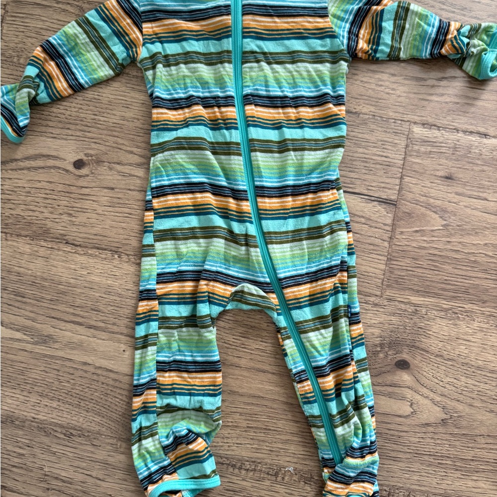 Kickee Pants Teal, Green & Yellow Striped Footed One-Piece